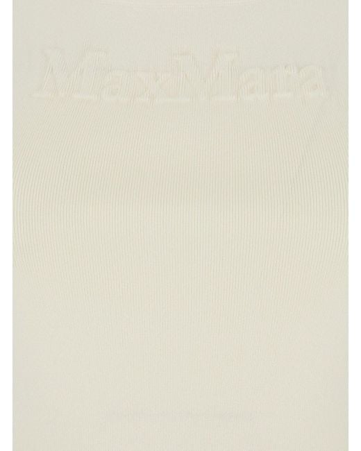 Max Mara Natural 'Pentola' Sleeveless Top With Square Neck And Tonal Logo Lettering Embroidery On The Front