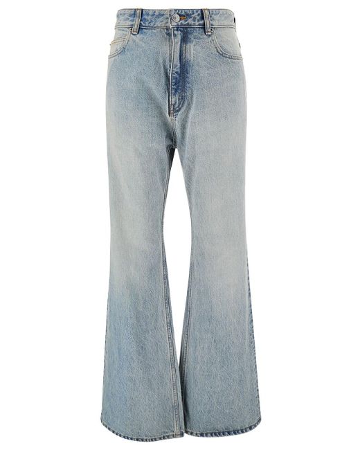 Jeans svasati con patch logo sul retro in denim di cotone azzurro chiaro di Balenciaga in Blue