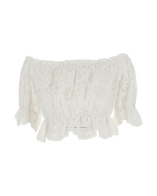 Rene' Derhy White 'Edwige' Off-Shoulder Blouse With And All-Over Embroidery