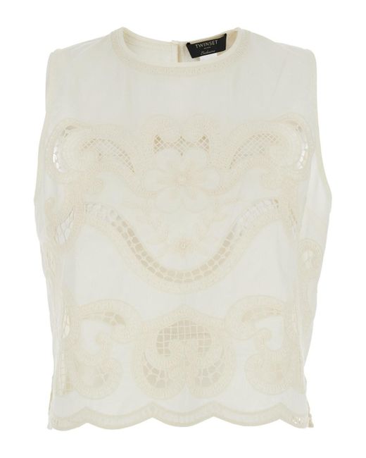Twinset Natural Sleeveless Top With Front Embroidery And Scallop Hem In
