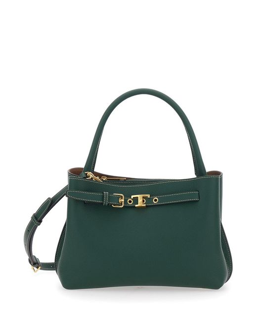 Tod's Green 'T-String Small' Handbag With Adjustable And Removable Shoulder Strap And Buckled Belt Detail On The Front