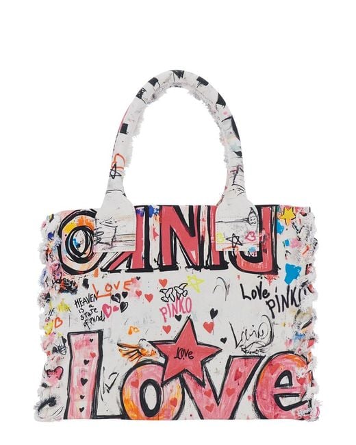 Pinko Red Tote Bag Beach Shopper Canvas Stampa