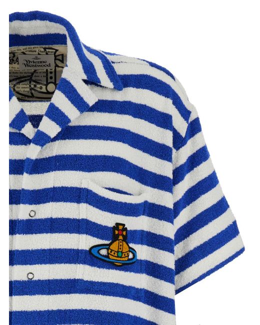 Vivienne Westwood Blue And Striped Bowling Shirt With Orb Embroi for men