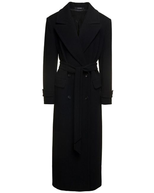Tagliatore 'julia' Long Black Double-breasted Coat With Matching Belt In Wool And Cashmere Woman