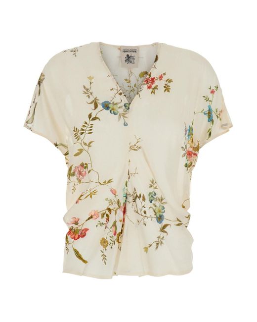 Semicouture White Top With V Neck And All-Over Floral Print