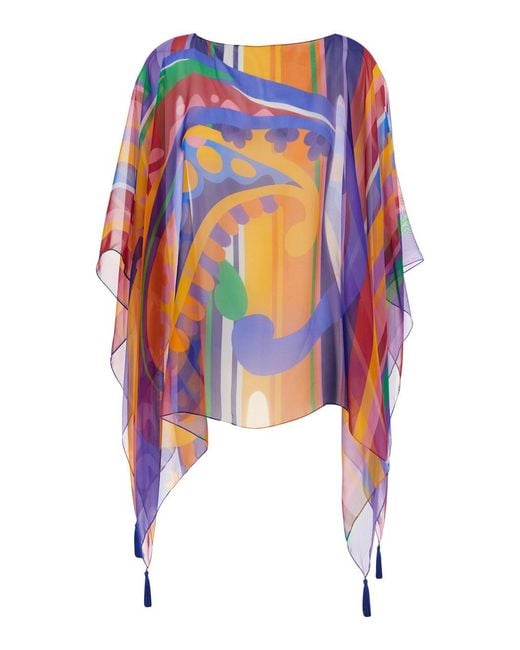 Etro Blue Cape With All-Over Print And Tassel Details