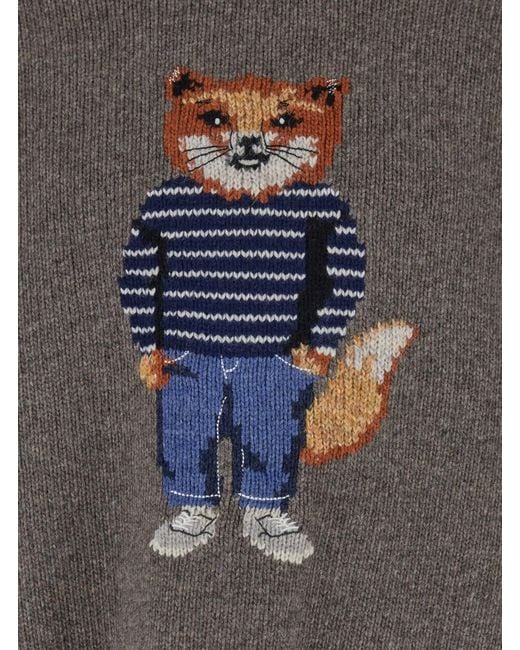 Maison Kitsuné Gray Crewneck Sweater With Logo Embroidery for men