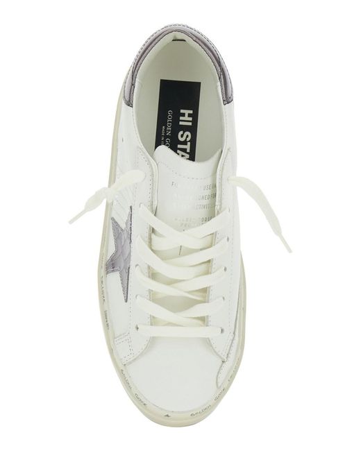 Golden Goose Deluxe Brand White 'Hi Star' Low Top Sneakers With Star Patch On The Side And Logo Lettering On The Heel