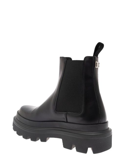 Dolce & Gabbana Black Chelsea Ankle Boots With Chunky Platform With Logo Plaque In Leather Blend Man for men