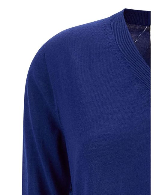 Semicouture Blue 'Nikita' Pullover With V Neckline And Ribbed Trim In