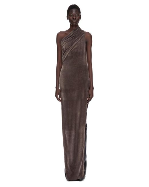 Rick Owens Brown 'Athena Arrowhead' Asymmetric Long Dress With Ruched Neckline And Side Single Slit