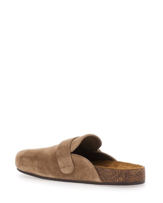 Tory Burch Brown Suede Mellow Slip-On Mule With Metal Logo Buckle For Bovine Flat Shoes