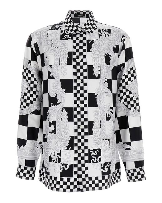 Versace White And Chechered Shirt With Baroque Pattern And Medus for men