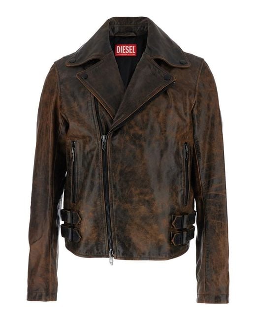 DIESEL Black 'L-Eon' Biker Jacket With Classic Wide Lapel And Distress for men