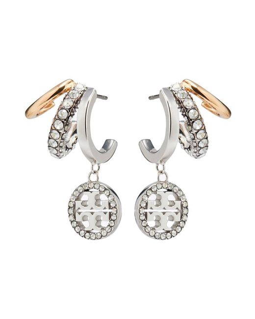 Tory Burch White 'Miller' Metallic Hoop Earings With Double T Pendant And Layered Effect