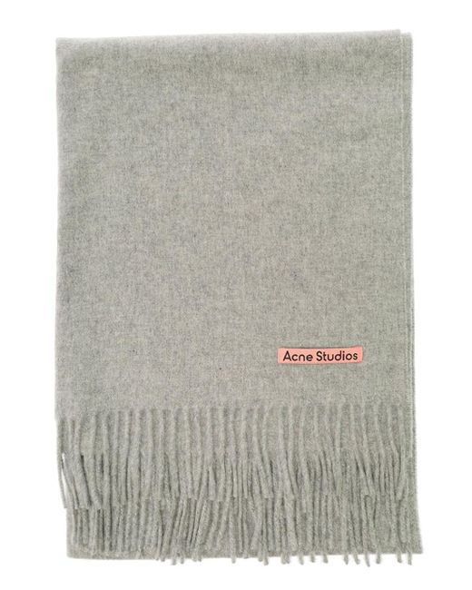 Acne Gray Light Scarf With Logo Patch And Fringes In Midweight Wool