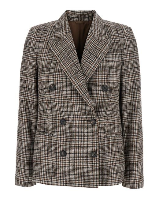 Brunello Cucinelli Brown Double-Breasted Jacket With Peak Revers And All-Over Check Motif