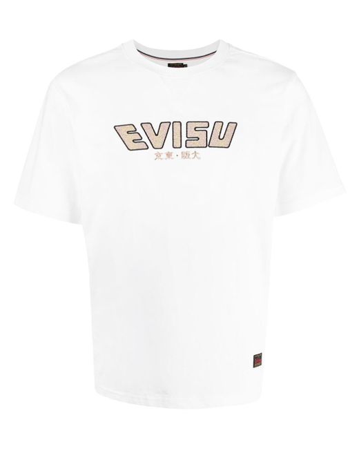 Evisu White Man 's Cotton T-shirt With Komainu Daicock Logo Print for men