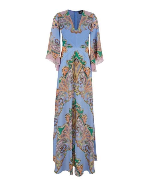 Etro Blue Long Dress With All-Over Paisley Print And V-Neck