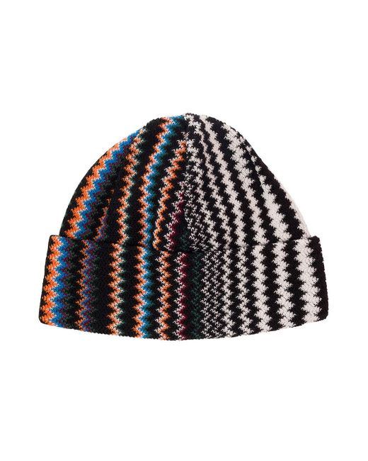 Missoni Black Multicolor Beanie With Zigzag Motif In Wool Blend Man for men