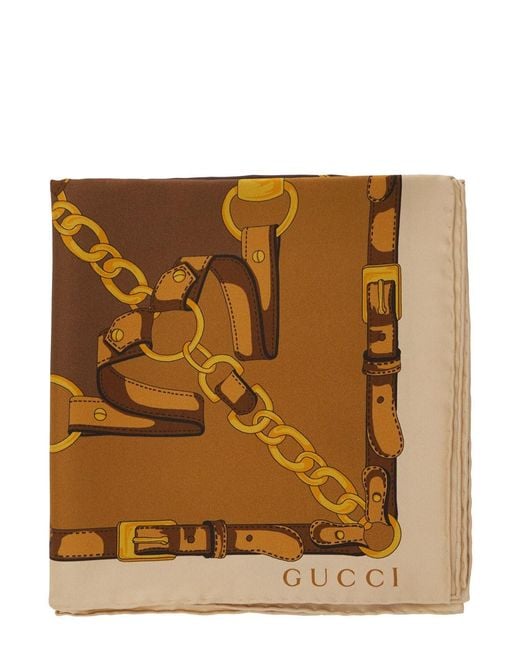 Gucci Brown Square Scarf With Chain Print And Logo Lettering