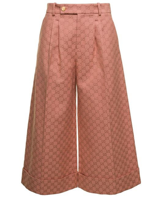 Gucci Pink Light And Brown Cropped Flare Pants With gg Jacquard Motif In Cotton Woman