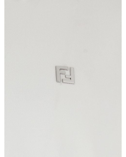 Fendi White Polo Shirt With Classic Collar And Metallic Ff Plaque On The Front for men