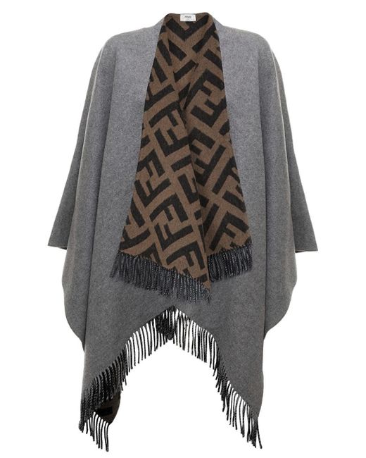 Fendi Gray Ff Reversible Poncho In Wool And Cashmere Woman