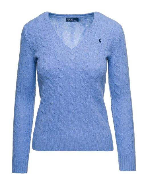 Polo Ralph Lauren Blue Indiigo 'v' Neck T-shirt With Braided Texture In Cotton