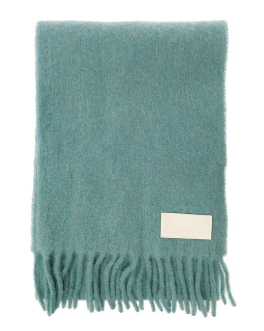 AMI Green Light Blue Oversized Scarf With Logo Patch In Alpaca Blend Woman