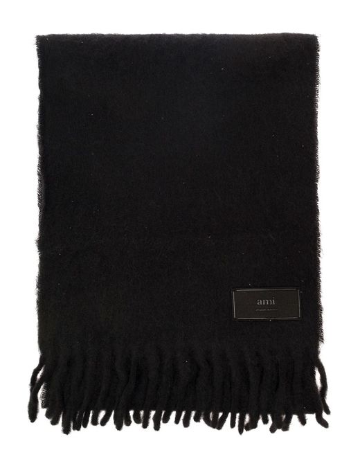 AMI Black Oversized Scarf With Logo Patch In Alpaca Blend Woman