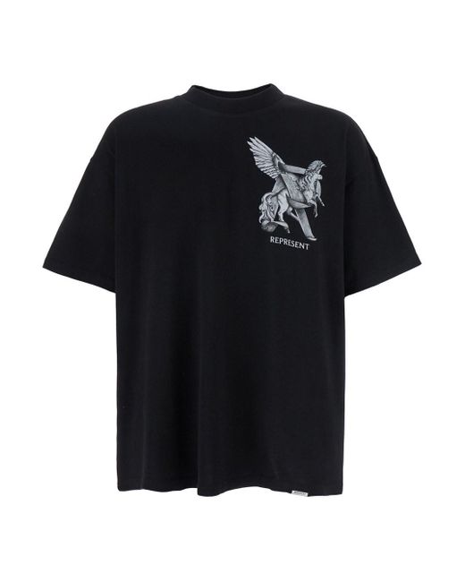 T-Shirt 'Elegance Unicorn' Girocollo Con Stampa Logo Sul Fro di Represent in Black da Uomo