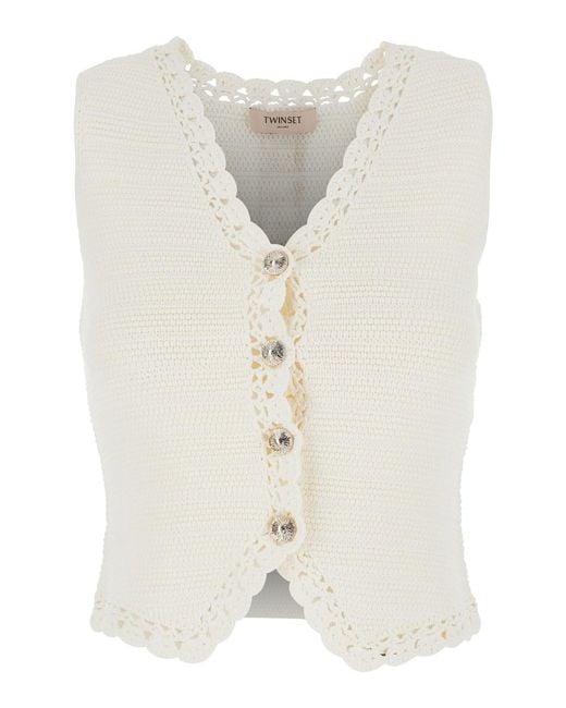 Twinset White V-Neck Crochet Knit Vest