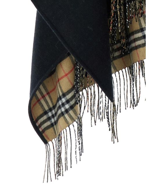 Burberry Black And Cape With Check Motif And Fringed Hem