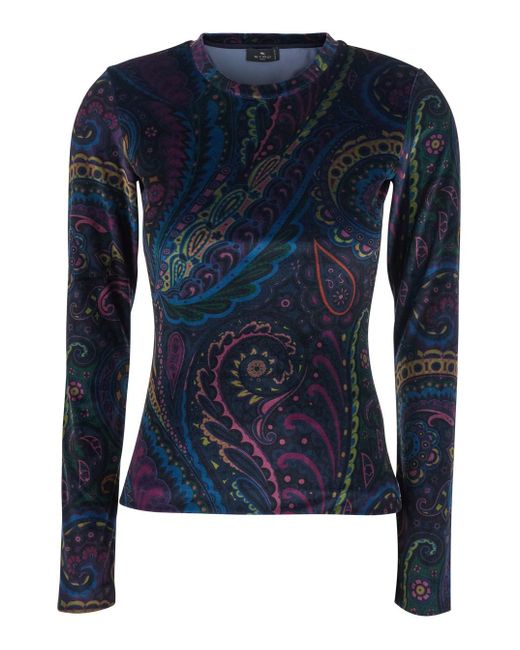 T-Shirt A Maniche Lunghe Con Scollo Rotondo E Stampa Paisley All di Etro in Blue
