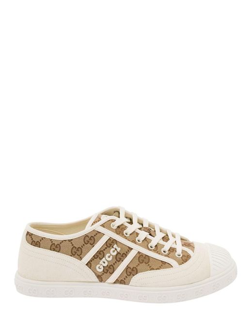 Gucci Natural And Ebony Low Top Sneakers With Interlocking G Embroidery for men