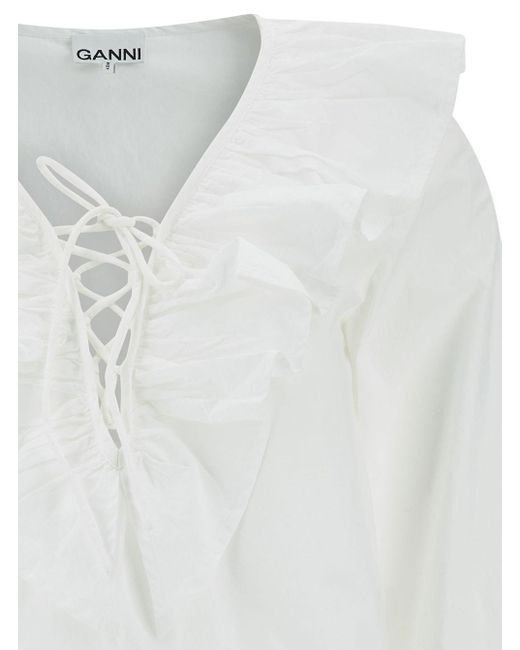 Blusa Con Lace-Up E Ruffles di Ganni in White