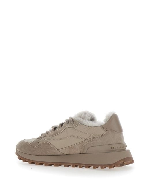 Brunello Cucinelli Gray Shearling Sneakers With Leather Details