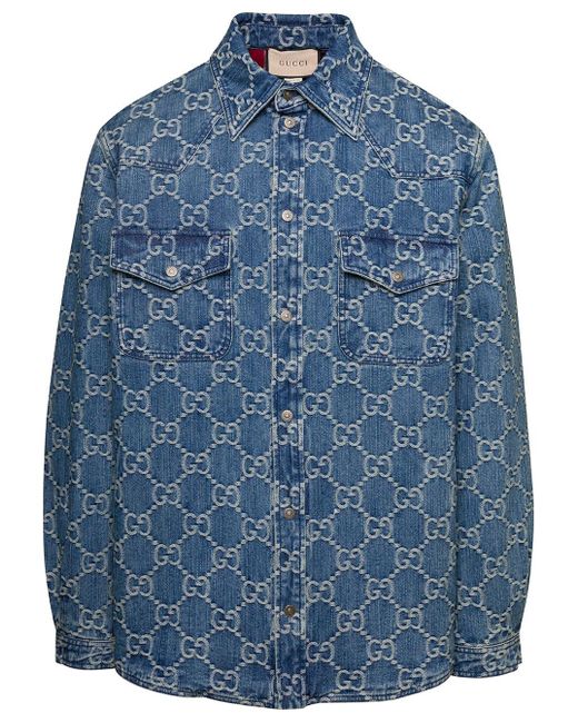Gucci Blue E Denim Shirt With gg-logo Motif All-over In Cotton Man for men