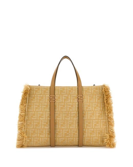 Borsa shopping Summer ricamata in tela e rafia di Fendi in Natural