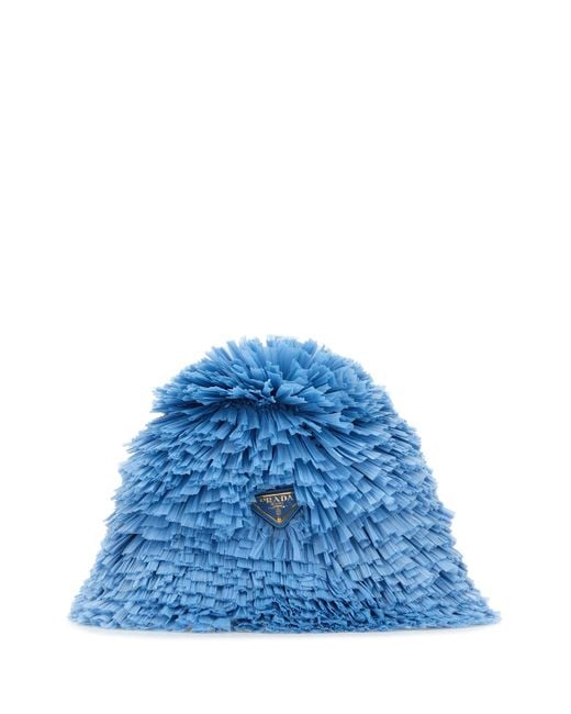 Cappello da pescatore in rafia decorato di Prada in Blue
