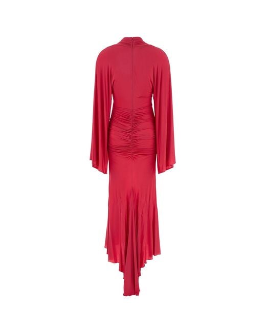 Blumarine Red Rose-Detail Ruched Long Dress