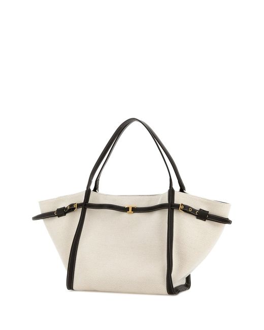 Tod's Metallic White Canvas Medium Shopping Bag