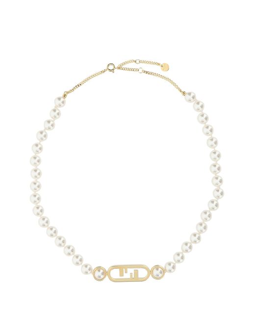 Fendi White Decorative Pearls O'clock Necklace Fe