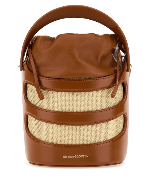 McQueen Brown Two-Tone Leather And Raffia The Rise Bucket Bag