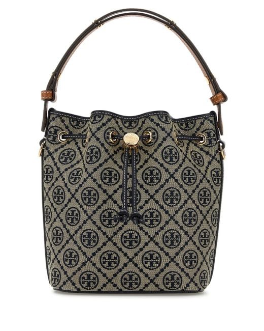 Tory Burch Black Embroidered Fabric Mini T Monogram Bucket Bag
