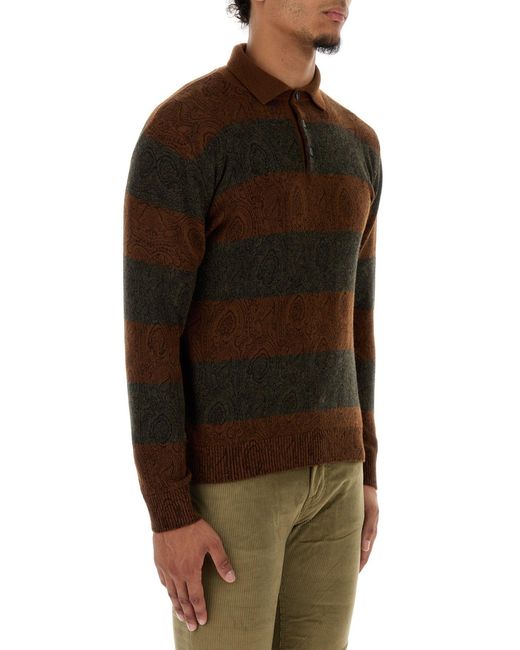 Etro Brown Embroidered Wool Polo Shirt for men