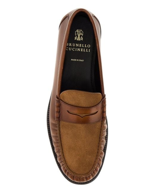 Brunello Cucinelli Brown Caramel Leather And Suede Loafers for men