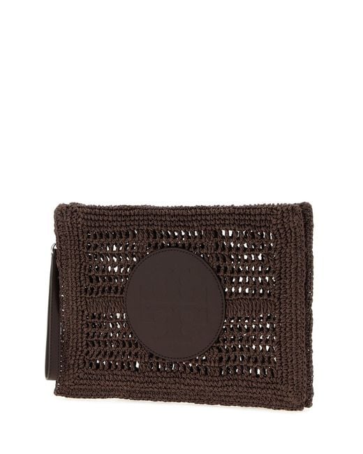 Tory Burch Black Brown Raffia Ella Clutch