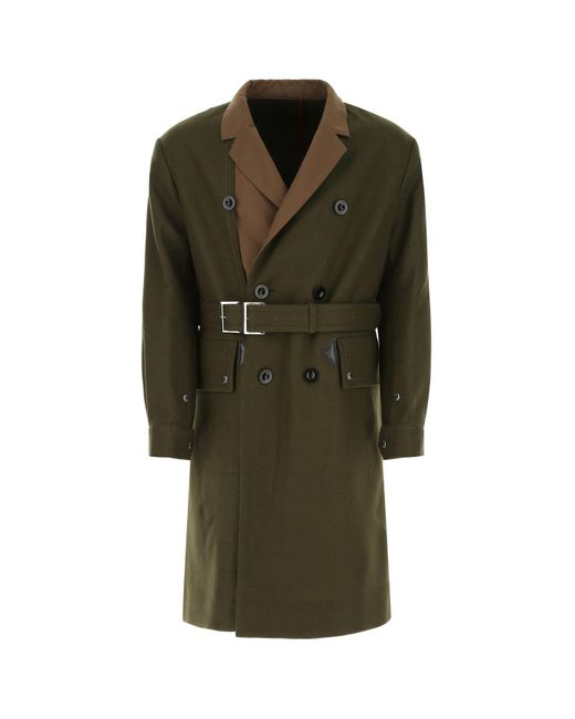 Sacai Olive Green Felt Trench Coat for Men | Lyst